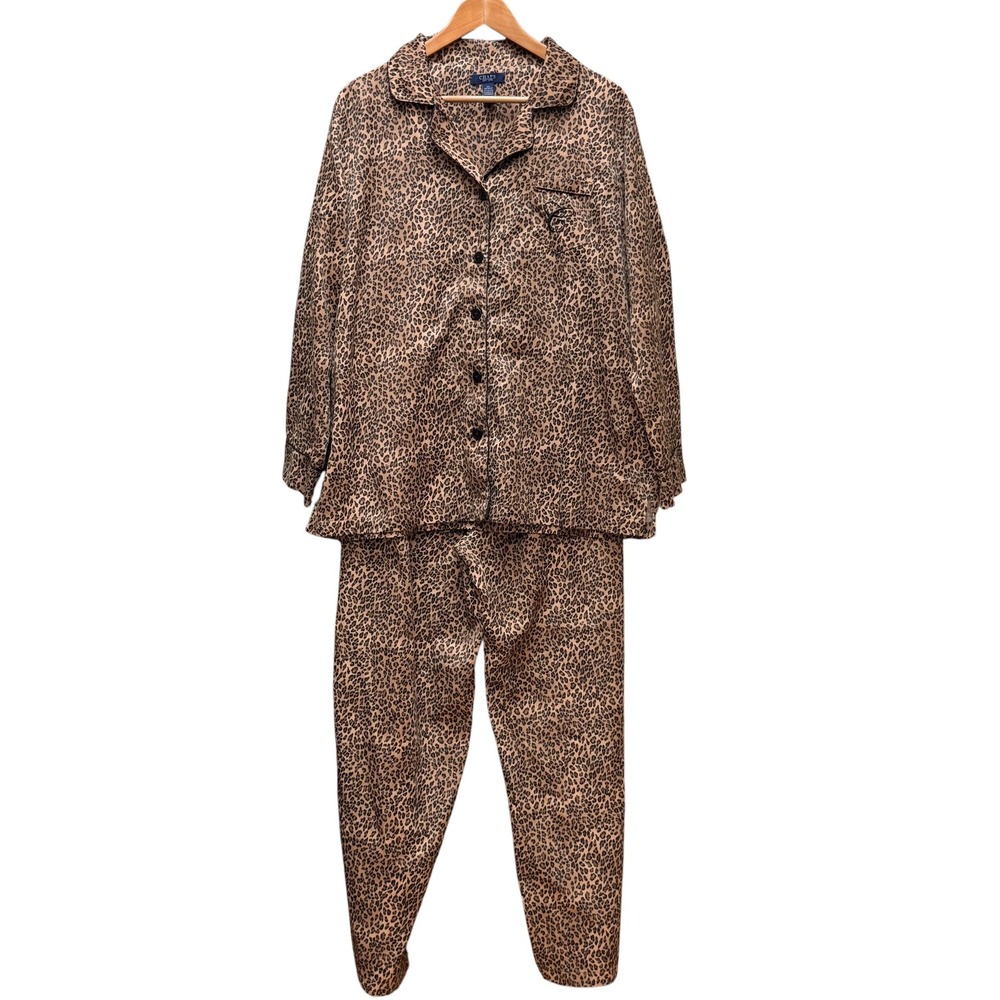 Chaps Pajama Set Womens XL Brown Leopard Print Button Down Sleepwear Loungewear